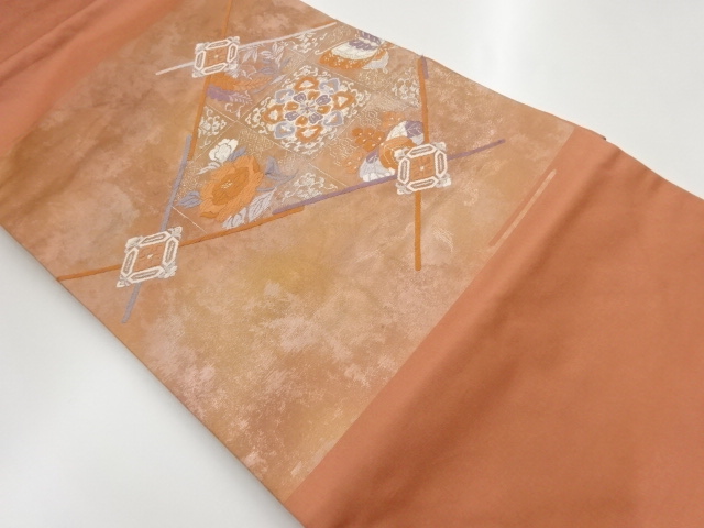 JAPANESE KIMONO / VINTAGE NAGOYA OBI / WOVEN RHOMBUS & FLORAL PLANTS